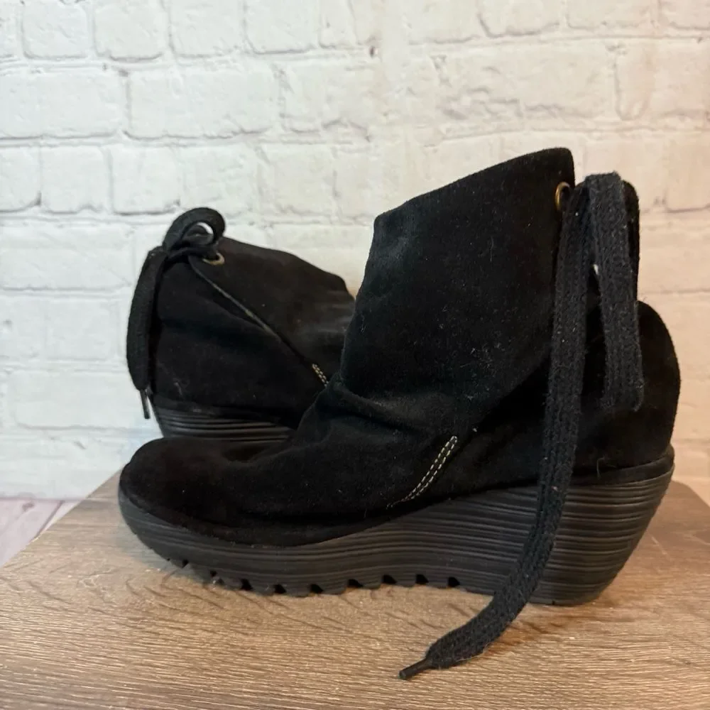 Fly London Yama Black Suede Wedge Ankle Boots size 41